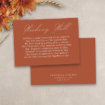 Bröllop Wishing well Calligraphy Script Terracotta Tilläggskort<br><div class="desc">Modern bröllop vill ha ett kort med elegant-skriptkalligrafi och redigerbar dikt. Minimalistisk men slående design i terracotta och vitt. I min samling i Bröllop Färg finns en samordning av inbjudningar, stationär utrustning och händelsemedagar. Om du vill ha olika färg eller ytterligare mallar för matchande produkter, bör du meddela mig att...</div>