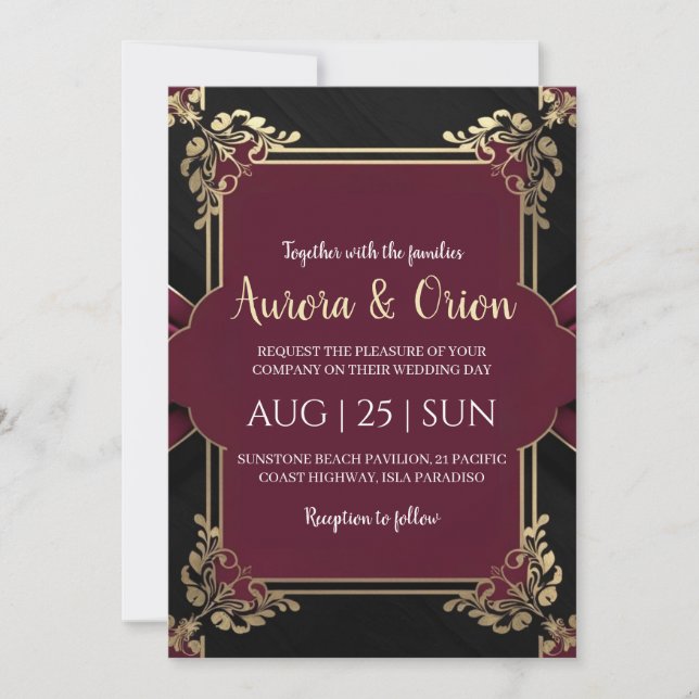 Bröllopapper för blommigt, svart och guld inbjudningar (Framsida)