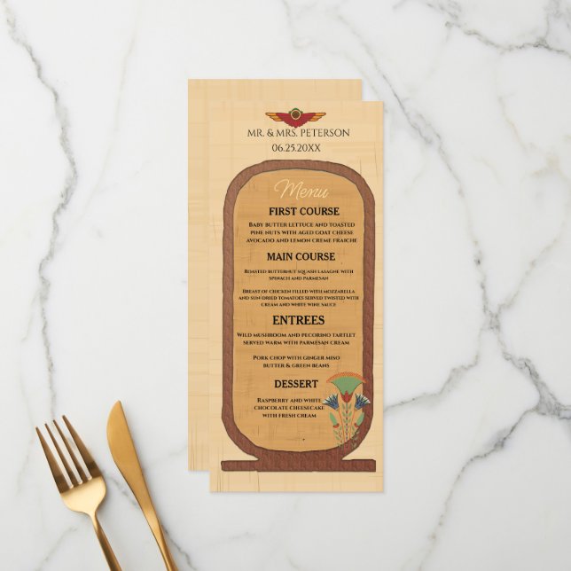 Bröllopapper Pharaoniskt kulturarv på papyrus Meny (Fram/Back In Situ)