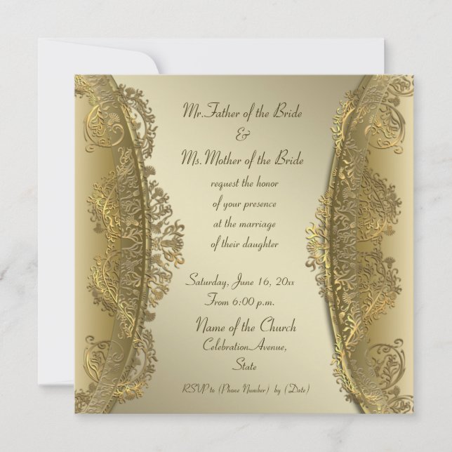 Bröllopbjudanden för elegant lyxurit guld damask inbjudningar (Framsida)