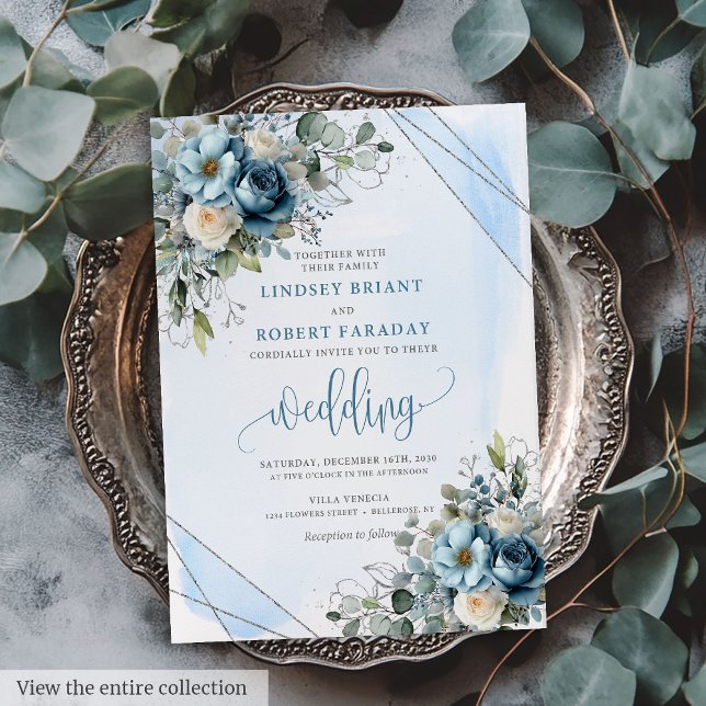 Bröllopekort för lyxdammsuga Blå Silver Inbjudningar (Luxury Dusty Blue Silver Wedding Invitation Card)