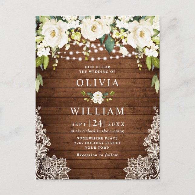 Bröllopekort för vit ros Snöre Rustic Wedding Card Vykort (Framsida)