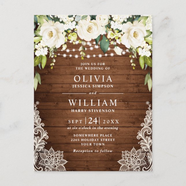 Bröllopekort för vit ros Snöre Rustic Wedding Card Vykort (Framsida)