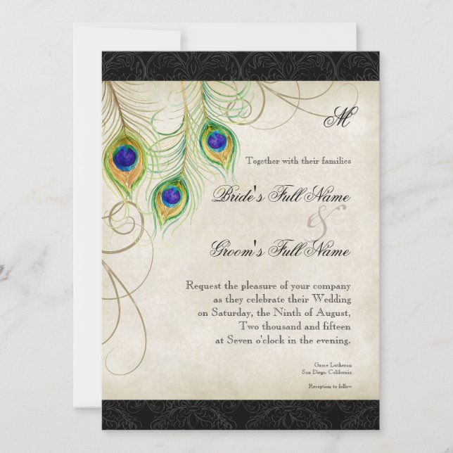 Bröllopesteri för peacock Feathers Black Damask St Inbjudningar (Framsida)