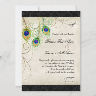 Bröllopesteri för peacock Feathers Black Damask St Inbjudningar
