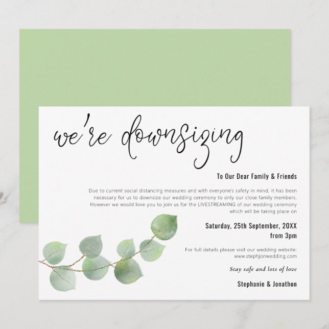 Bröllopet Downsizing Script Elegant Eukalyptus Meddelande (Fram/baksida)