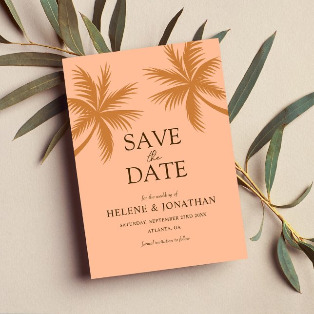 Bröllopet för tropisk destination handflatan Träd Spara Datumet (Palm Tree Peach Tropical Destination Wedding Save The Date)