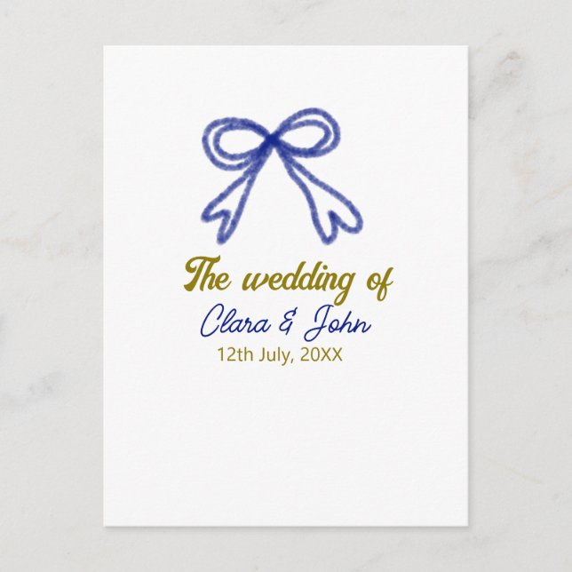 Bröllopet guld marinblå båge par namn  vykort (Framsida)