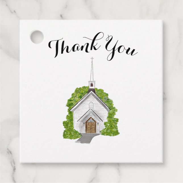 Bröllopet gynnar märkre - vattenfärgskyrka gåvor etiketter (Framsida)