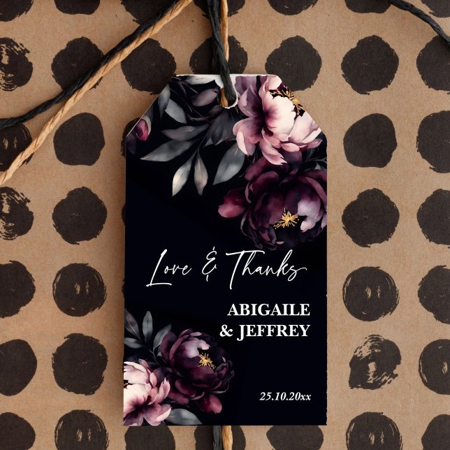 Bröllopet gynnar mörkens personlig för moody männi presentetikett (Wedding favors dark moody burgundy peonies personalized favor gift tags thank you tags love & thanks)