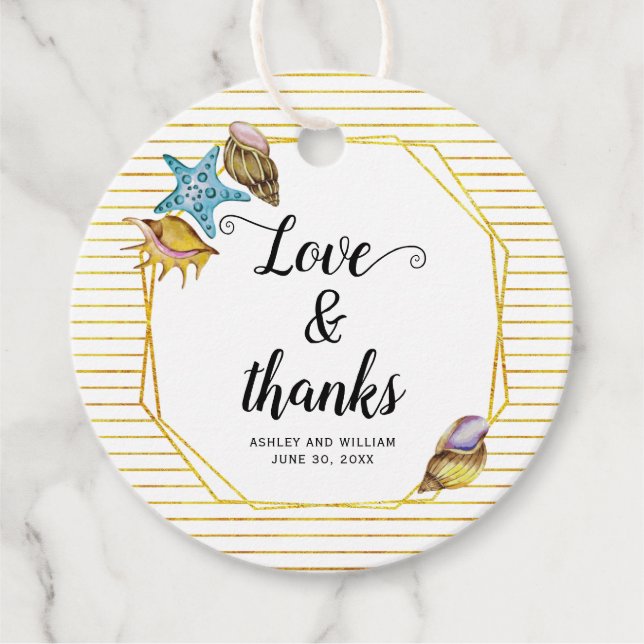 Bröllopet i kärlek och tack vare vattenfärgsstrand gåvor etiketter (Framsida)