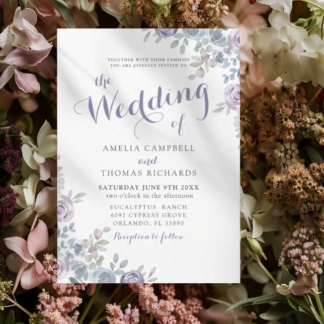 Bröllopet med lila & blå blomsterbröllopsinbjudan inbjudningar (Skapare uppladdad)