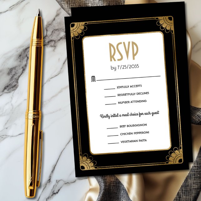Bröllopet OSA Alternativ för svartmålsmat i Guld A Tilläggskort (Chic black and gold art deco wedding RSVP enclosure card with three meal choices)