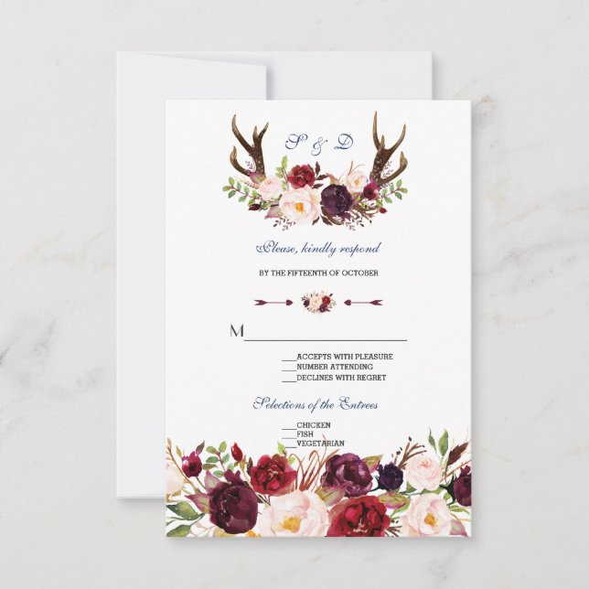 Bröllopet OSA Burgundy Blommigt Navy Blue Antlers (Framsida)