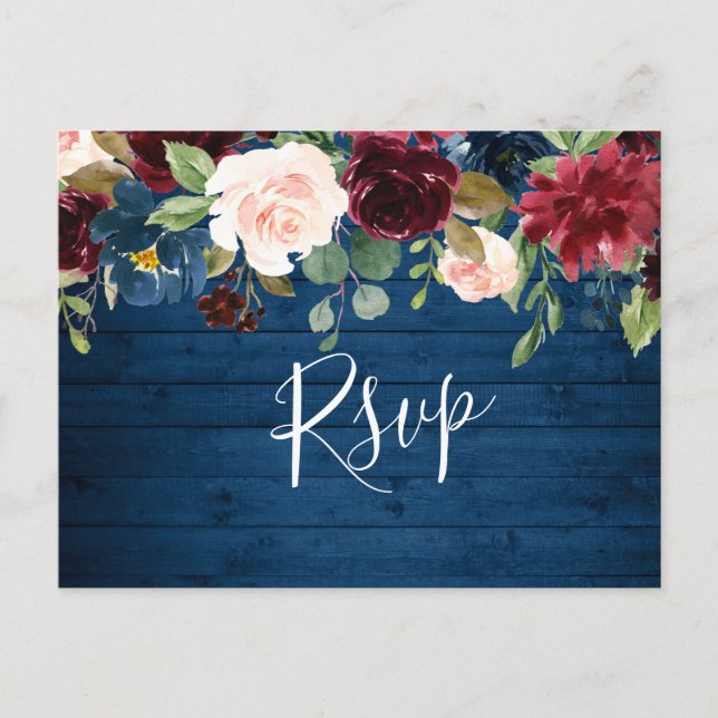 Bröllopet OSA Burgundy Navy Blue  Watercolor Vykort (Framsida)