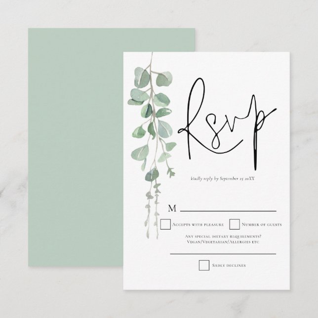 Bröllopet OSA elegant Eucalyptus Script Kort (Fram/baksida)