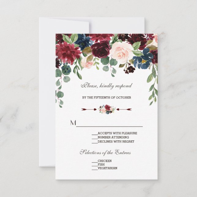 Bröllopet OSA elegant Merlot Navy Blue Blommigt Kort (Framsida)