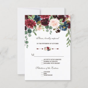 Bröllopet OSA elegant Merlot Navy Blue Blommigt Kort