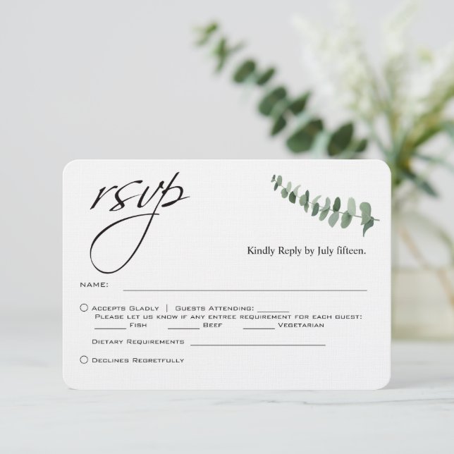 Bröllopet OSA elegant Script Eucalyptus QR-kod Anteckningskort (Stående Fram)