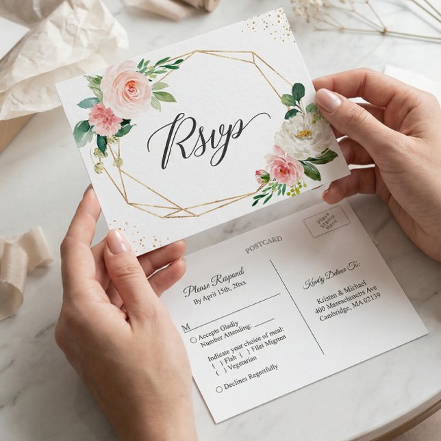 Bröllopet OSA för den  Blommigten Guld Glitter Inbjudan Vykort (Skapare uppladdad)