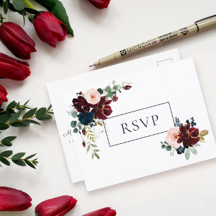 Bröllopet OSA Kräfta Blommigt   Burgundy Navy Blue Inbjudan Vykort