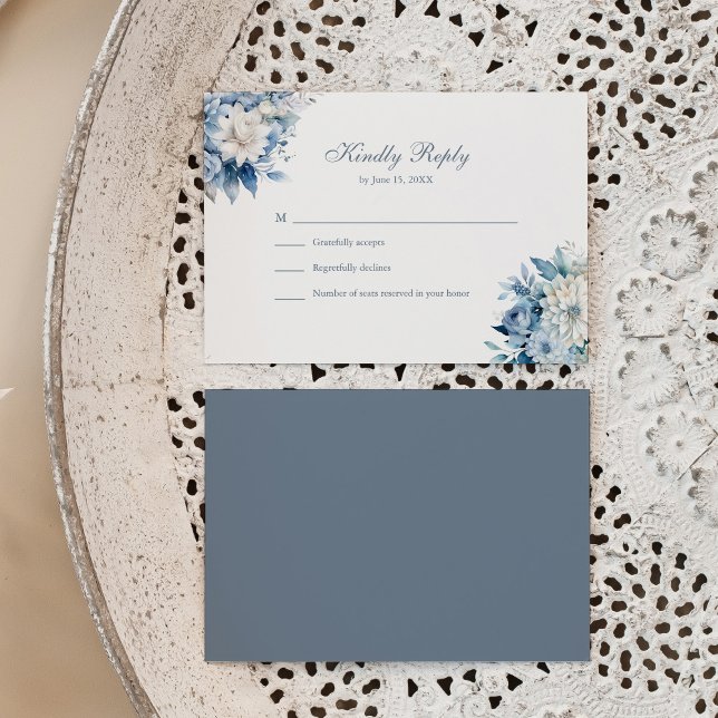 Bröllopet OSA Modern Dusty Blue Wildblomma Tack Kort (Modern Dusty Blue Wildflowers Wedding RSVP Card on a neutral boho plate.)