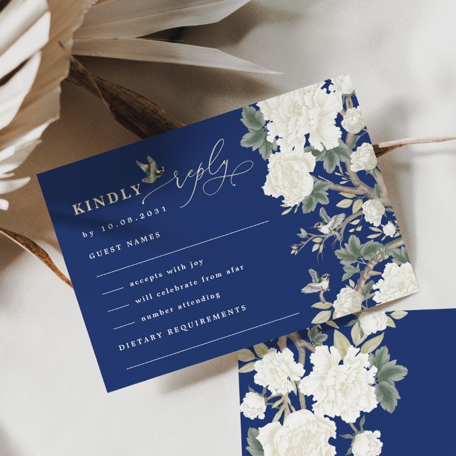 Bröllopet OSA Navy Blue Chinoiserie Bird Peony Kort (Skapare uppladdad)