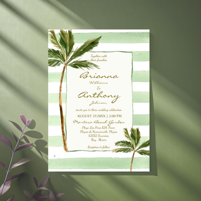 Bröllopet på stranden grönt i rand inbjudningar (Green stripes palms handrawn retro beach wedding invitation cards template instant download)