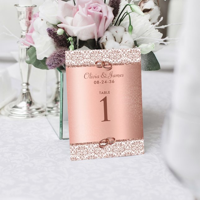 Bröllopet Ro Guld Elegant Metallic Glitter Damask  Bordsnummer (Skapare uppladdad)