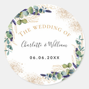 Bröllopeucalyptus greenery glitter monogram runt klistermärke