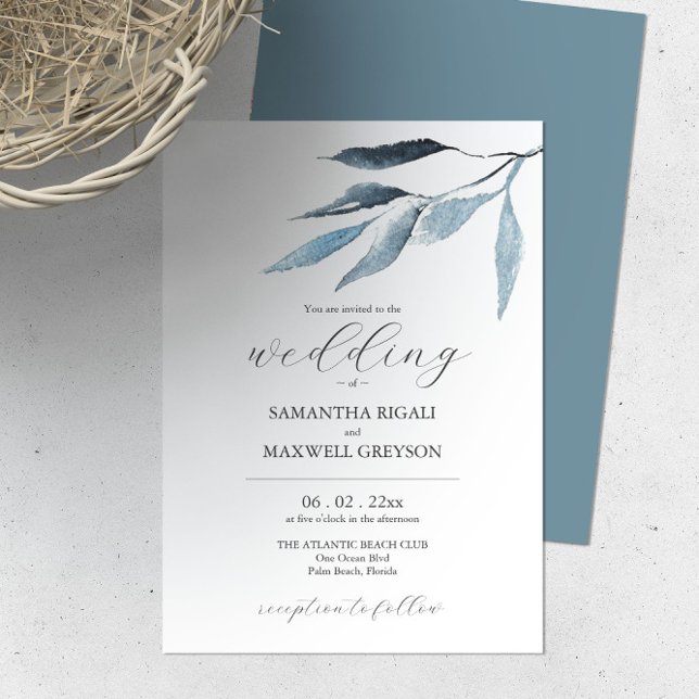 Bröllopinbjudan Dusty Blue Botanicals Inbjudningar (Dusty blue wedding invitation botanical watercolor leaves by Victoria Grigaliunas of Do Tell A Belle)