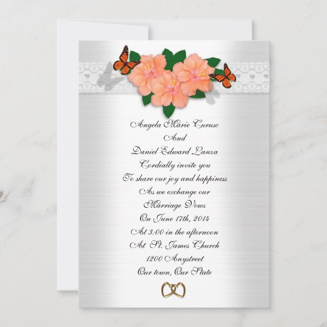 Bröllopinbjudan hibiscus och fjärilar inbjudningar (Framsida)