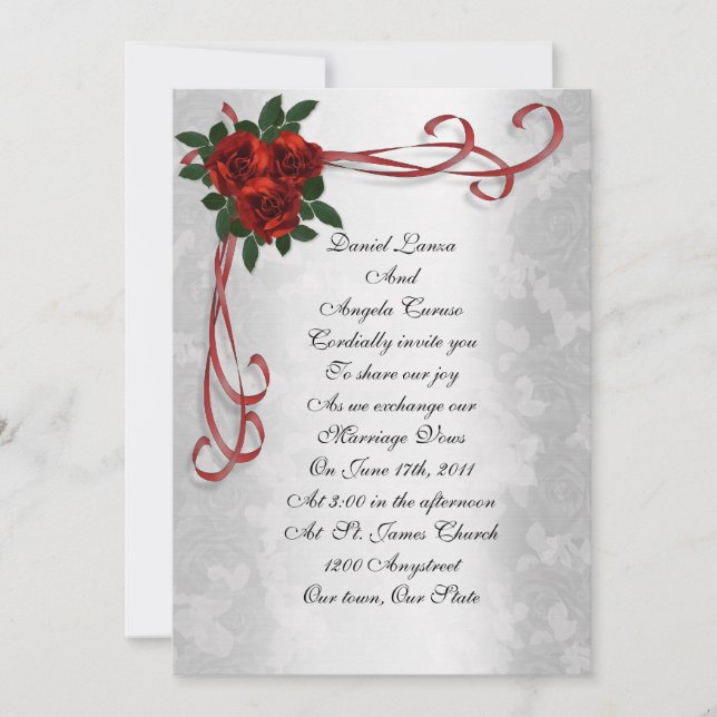 Bröllopinbjudan röd ros och rosett band inbjudningar (Framsida)