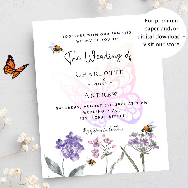 Bröllopinbjudan till Butterfly blommigt violett bu (Skapare uppladdad)