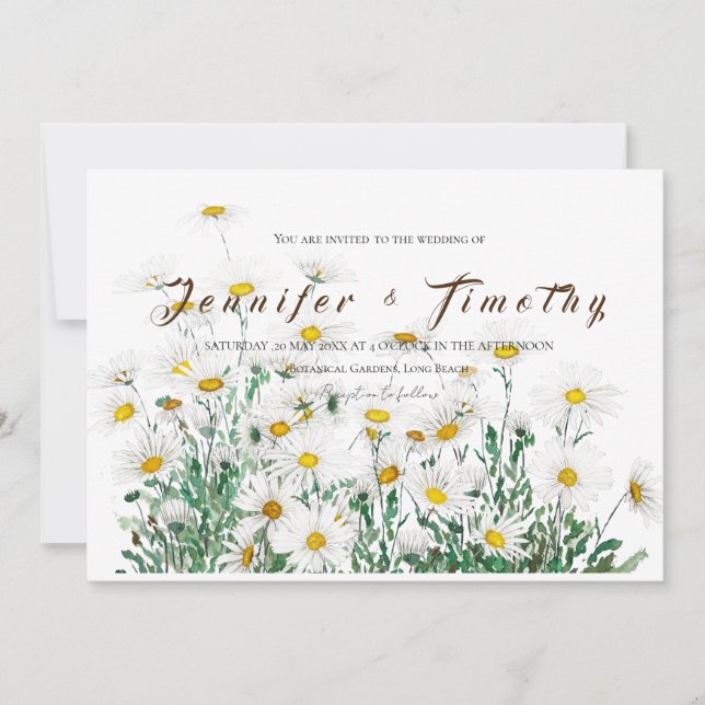 Bröllopinbjudan vit daisy bläck och vattenfärg inbjudningar (Framsida)