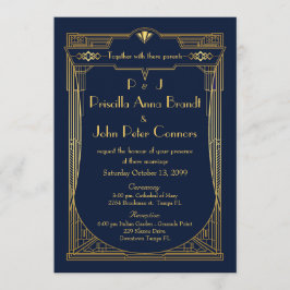 Bröllopinbjudankort, underbara Gatsby, marin, guld Inbjudningar