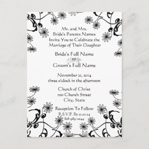 Bröllopinbjudansvart på vitvildblommor inbjudan vykort