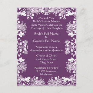 Bröllopinbjudanvit på purpurfärgade vintageblommor inbjudan vykort