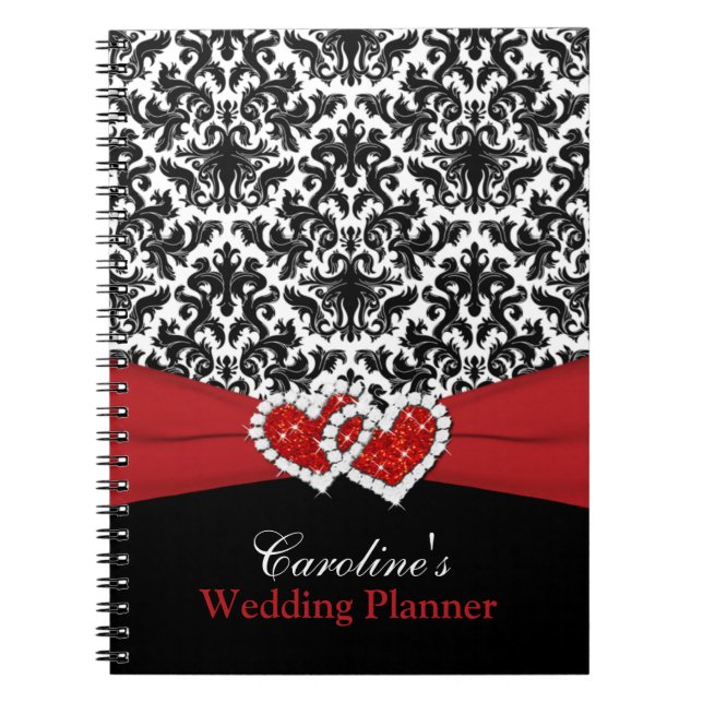 Brölloplan Black White Red Damask Anteckningsbok Med Spiral (Framsidan)