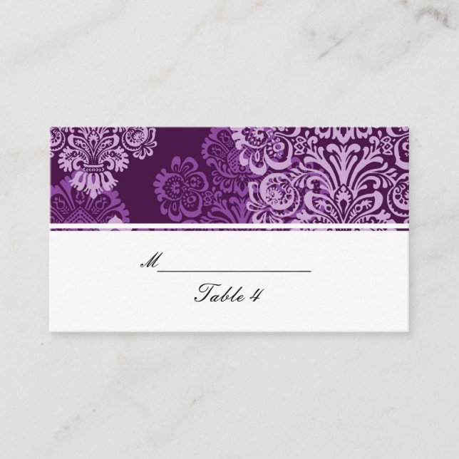 Brölloport för lila Eggplant Damask Placeringskort (Framsida)