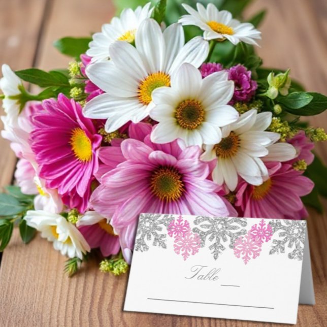 Brölloport för silver Rosa Snöflingor Placeringskort (Skapare uppladdad)