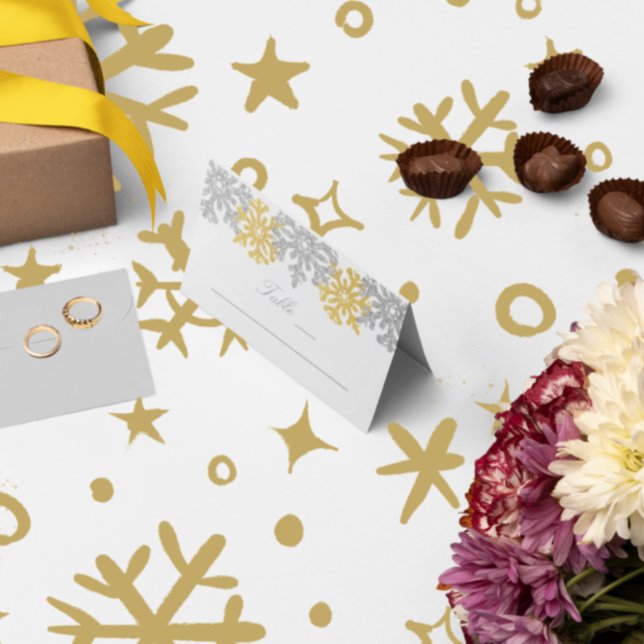 Brölloportet silver Guld Snöflingor Placeringskort (Skapare uppladdad)