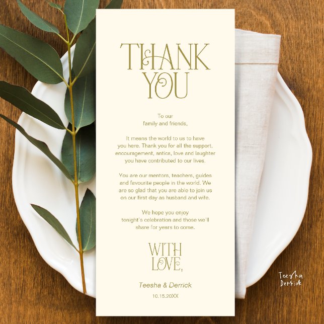 Bröllops Bordskort Tack Gul Guld Kort (Modern Minimalist Wedding Dinner Place Setting Thank You Yellow Cream Gold Card)