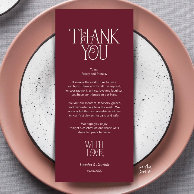 Bröllops Bordskort Tack Vin Röd Kort (Modern Minimalist Wedding Dinner Place Setting Thank You Burgundy Wine Red Card)