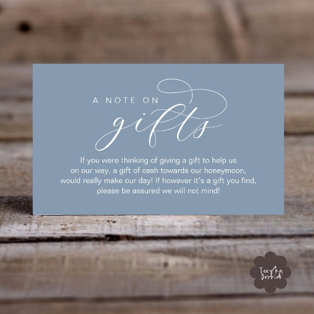 Bröllops Honeymoon Fond, En Not Om Gåvor Tilläggskort (Wedding Honeymoon Fund, A Note on Gifts, Wish, Cash, Modern Minimal Enclosure Card in Dusty Blue)