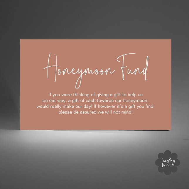 Bröllops Honeymoon Fond, Modern Handskriven Skrift Tilläggskort (Wedding Honeymoon Fund, Cash Wish Modern Handwritten Script Enclosure Card Terracotta Earthy Brown)