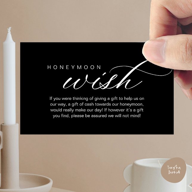 Bröllops Honeymoon Önskning, Fond, Kontanter, Mode Tilläggskort (Wedding Honeymoon Wish, Fund, Cash, Modern Classy Enclosure Card, Classy Black)