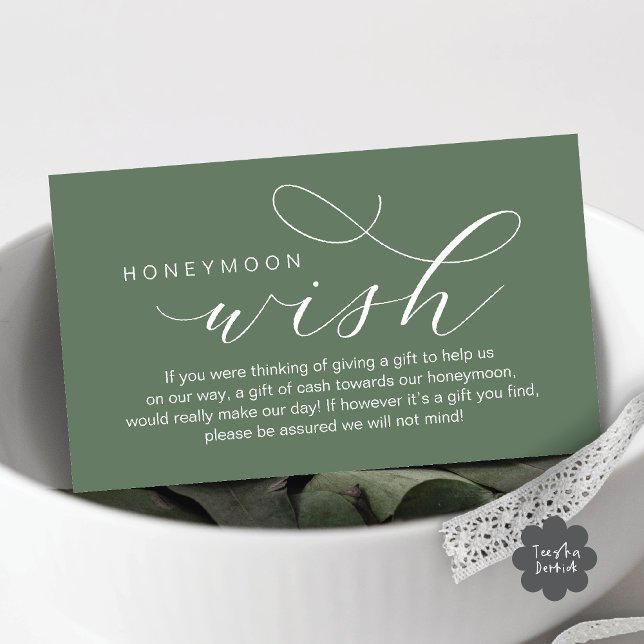 Bröllops Honungsmånsönskan, Fond, Modern minimalis Tilläggskort (Wedding Honeymoon Fund, Wish, Cash, Modern romantic minimalist Enclosure Card in Rustic Sage Green)
