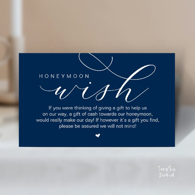 Bröllops Honungsmånsönskan, Modern minimalism eleg Tilläggskort (Wedding Honeymoon Wish, Cash, Modern elegance minimal Enclosure Card cute heart in Classy Navy Blue)