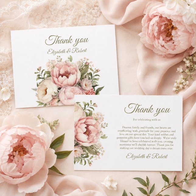Bröllops-kort för tack med Rosa & Elfenbensfärgad  Kort (Blush & Ivory Peony Wedding Thank You Card)